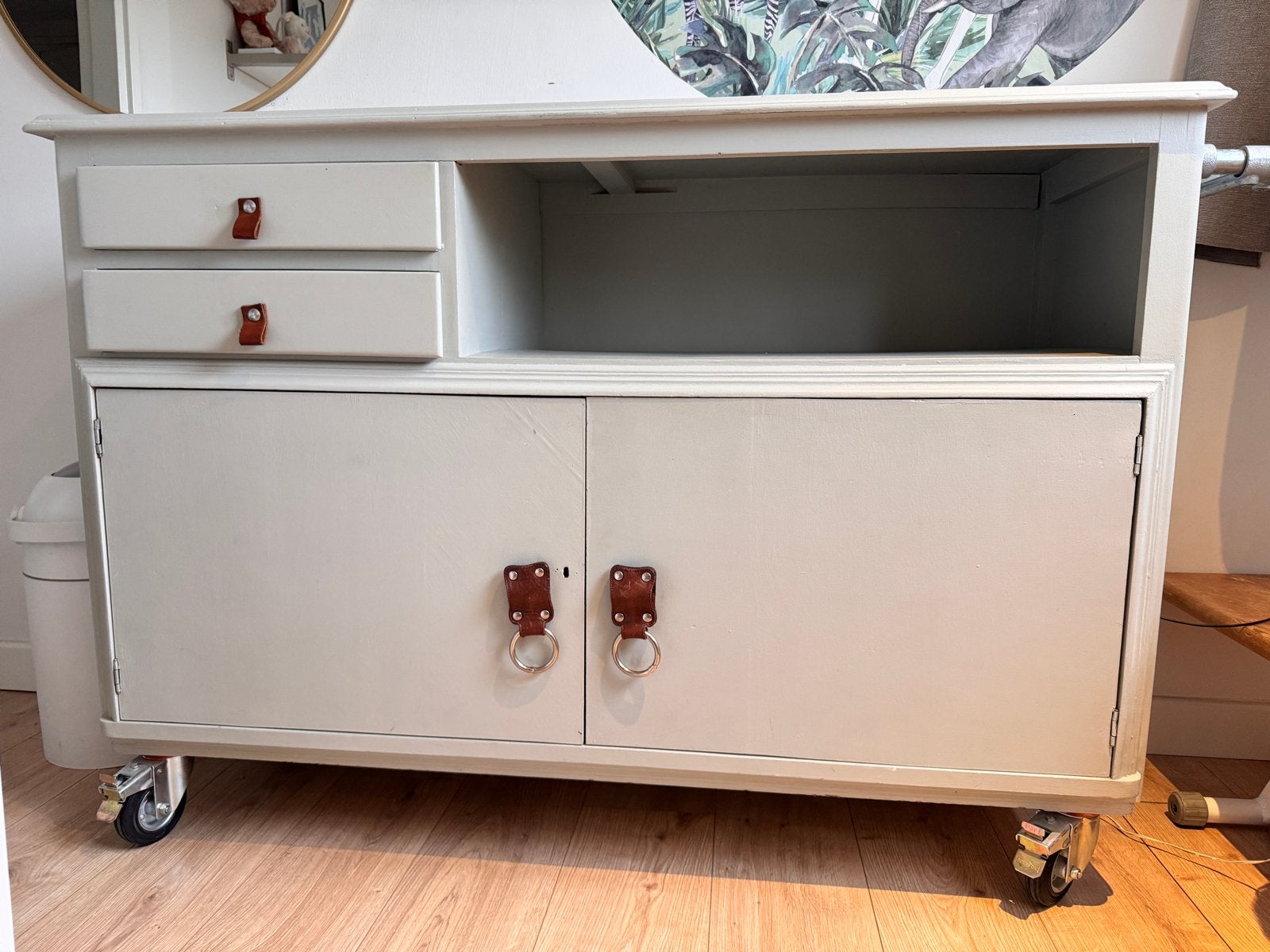 Gerestylde commode (leren handgrepen - krijtverf look), Ophalen, Gebruikt, 50 tot 70 cm, 100 cm of meer