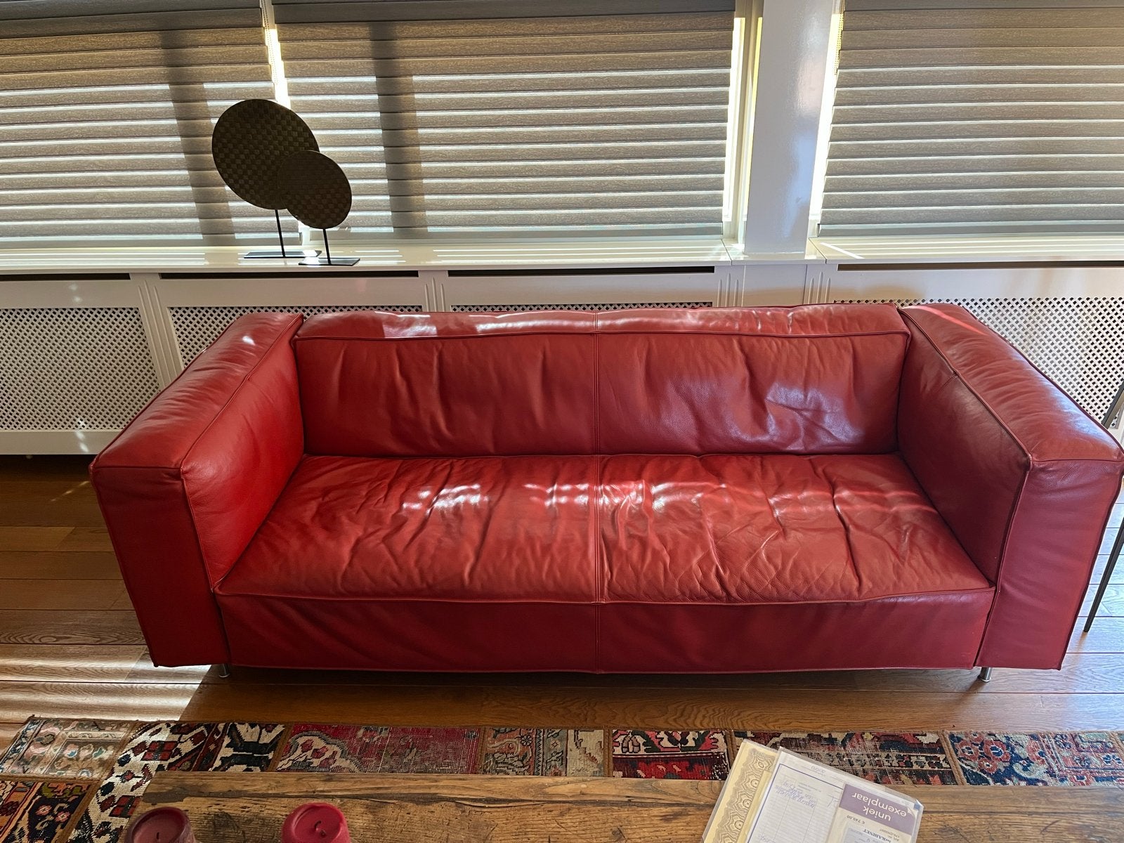 Design Bank Gelderland 6400 B3 - 230 cm - Rood Leer, Ophalen, Gebruikt, Driepersoons, Rechte bank