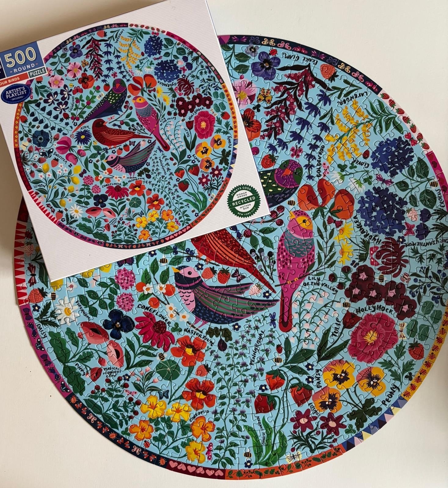 Ronde legpuzzel 500 stukjes - Vogels en bloemen, Ophalen of Verzenden, 500 t/m 1500 stukjes, Zo goed als nieuw, Legpuzzel