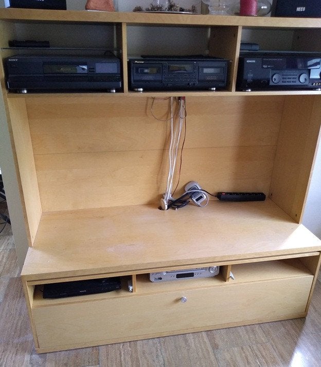 TV Meubel Bonde met lade, kleppen, glazen schappen, Ophalen, Gebruikt, 100 tot 150 cm, 100 tot 150 cm