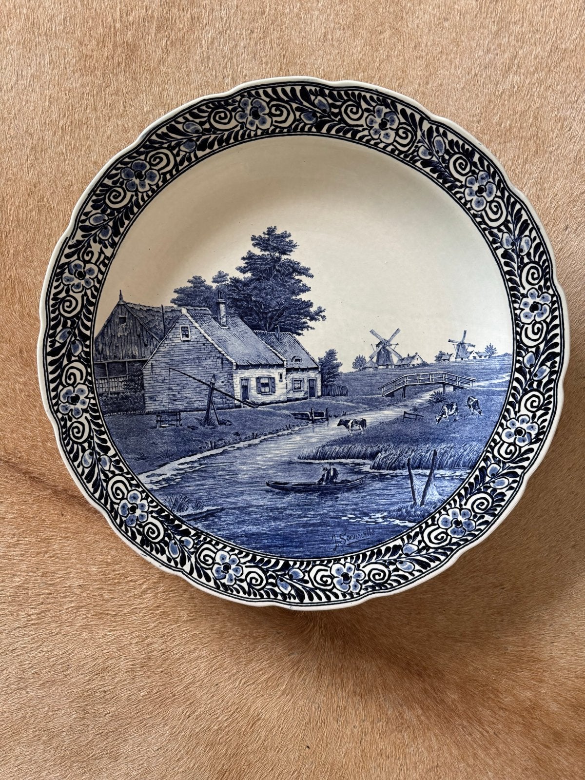 Vintage Delfts Blauw Wandbord - Hollands Landschap 40 cm, Antiek en Kunst, Ophalen