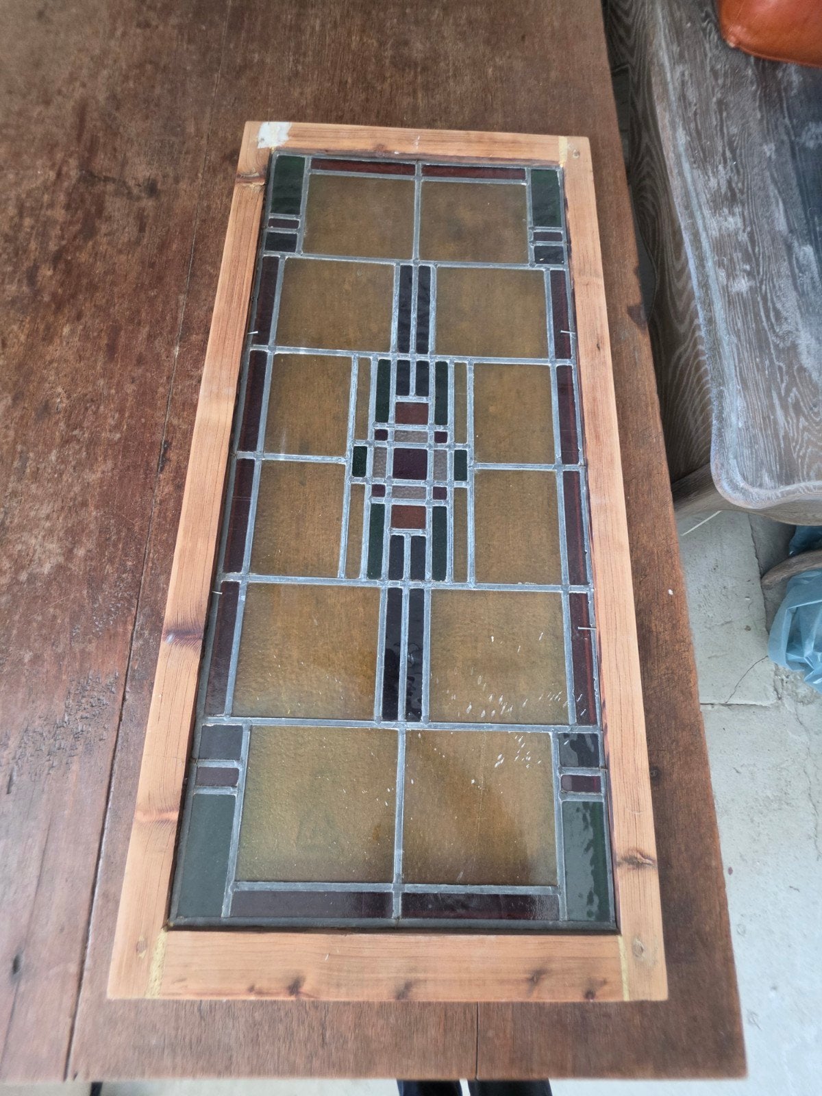 Glas-in-lood paneel in houten frame – ca. 110 x 53 cm, Ophalen, Gebruikt, Minder dan 80 cm