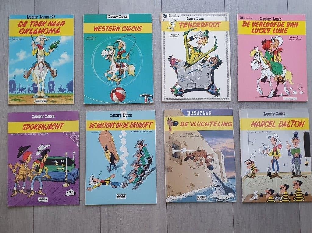 7x Lucky Luke + 1x  Rataplan, Meerdere stripboeken, Ophalen of Verzenden, Gelezen, Dupuis en Morris(Rataplan)