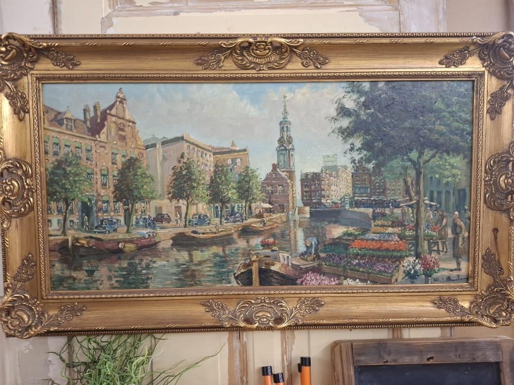 Olieverfschilderij W.J. Burksen – Amsterdamse Bloemenmarkt, Antiek en Kunst, Kunst | Schilderijen | Klassiek, Ophalen