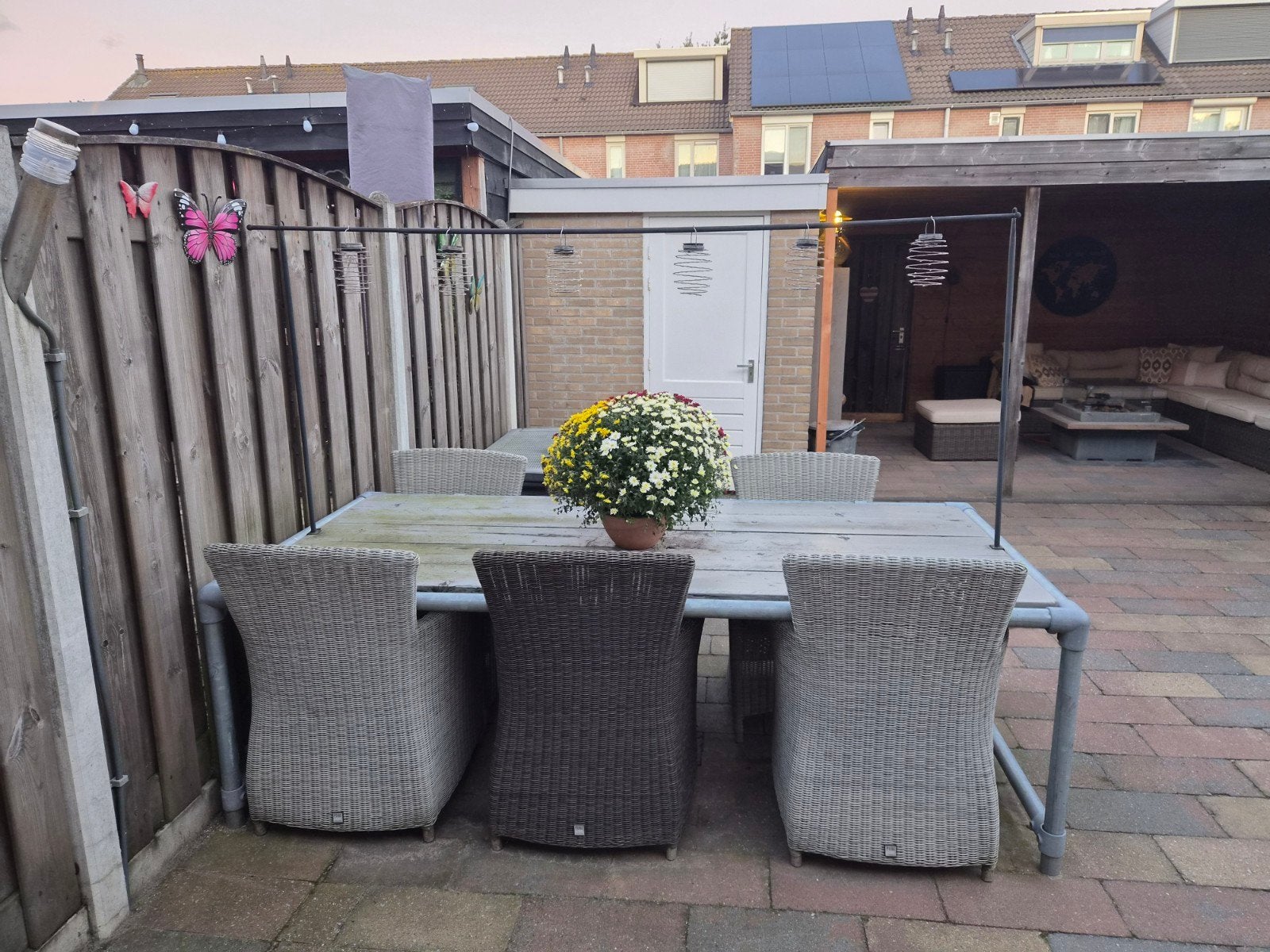 Tuintafel steigerhout met 6 wicker stoelen, Tuin en Terras, Ophalen, Gebruikt, 6 zitplaatsen, Steigerhout