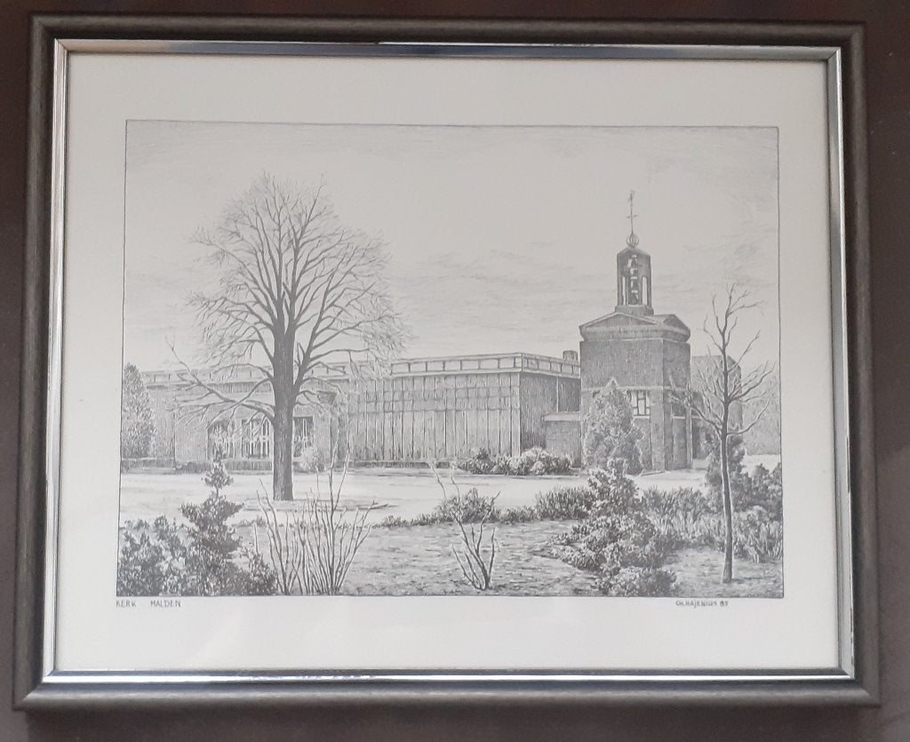 Tekening Ets Gravure Kerk Antonius Abt Malden, Ophalen of Verzenden, Ingelijst