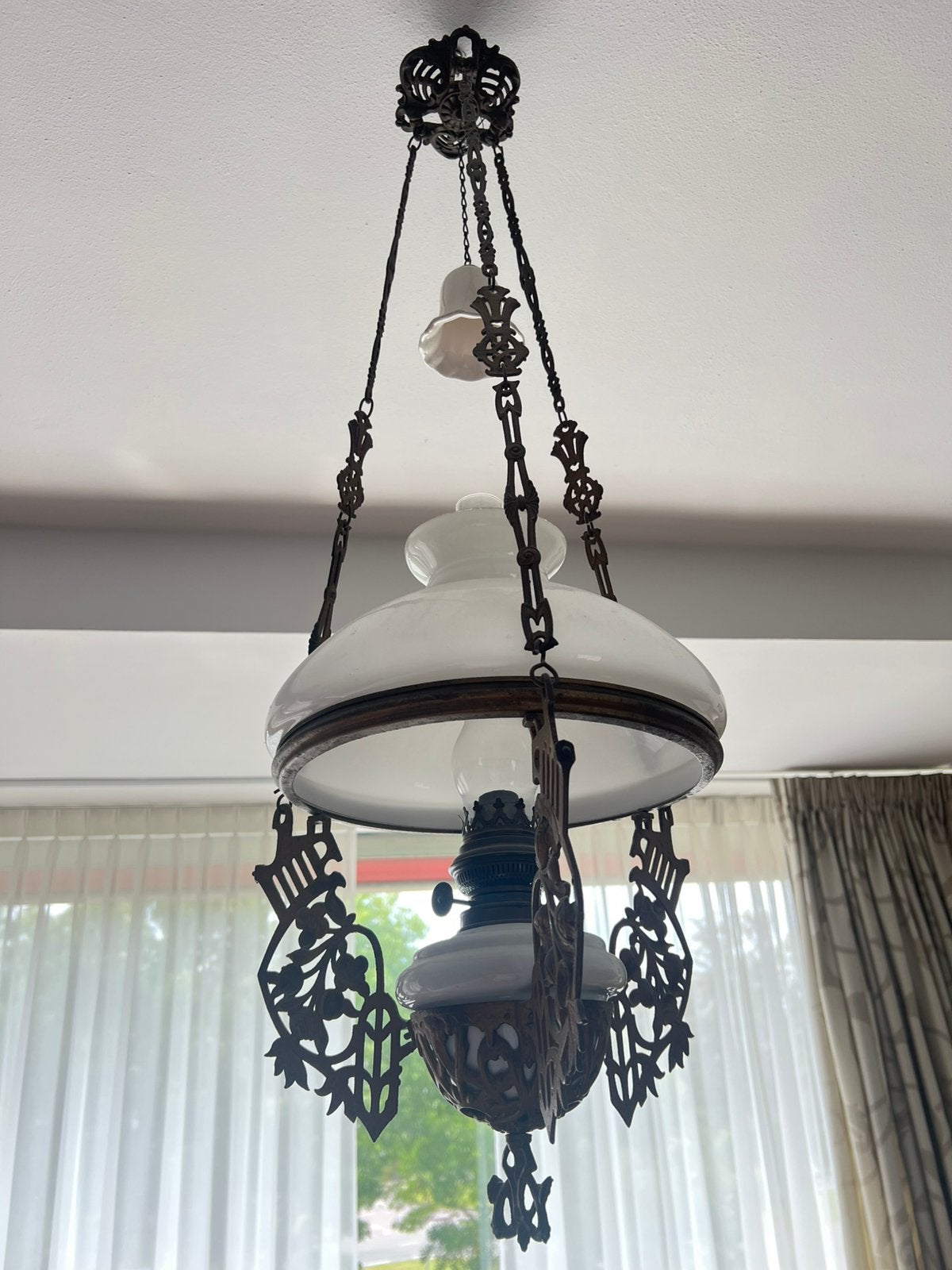 Antiek/ vinrage plafond olielamp/ hanglamp, Ophalen, Gebruikt