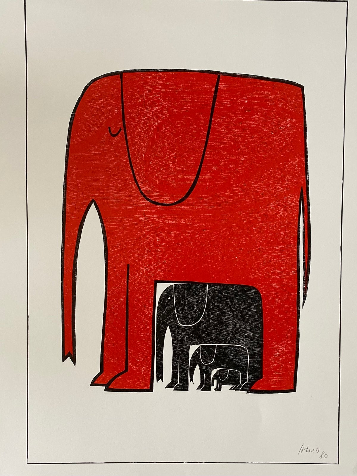 Litho van olifanten in alu lijst 50 x 70 cm, 50 – 75, Minder dan 50 cm, Gebruikt, Oorspronkelijke maker