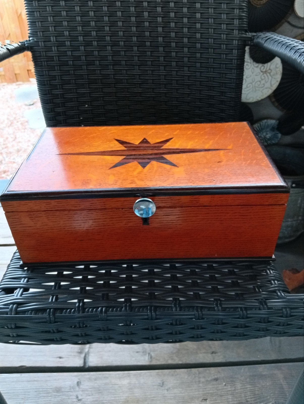 Antieke houten juwelenkist met spiegel en inlegwerk, Ophalen of Verzenden