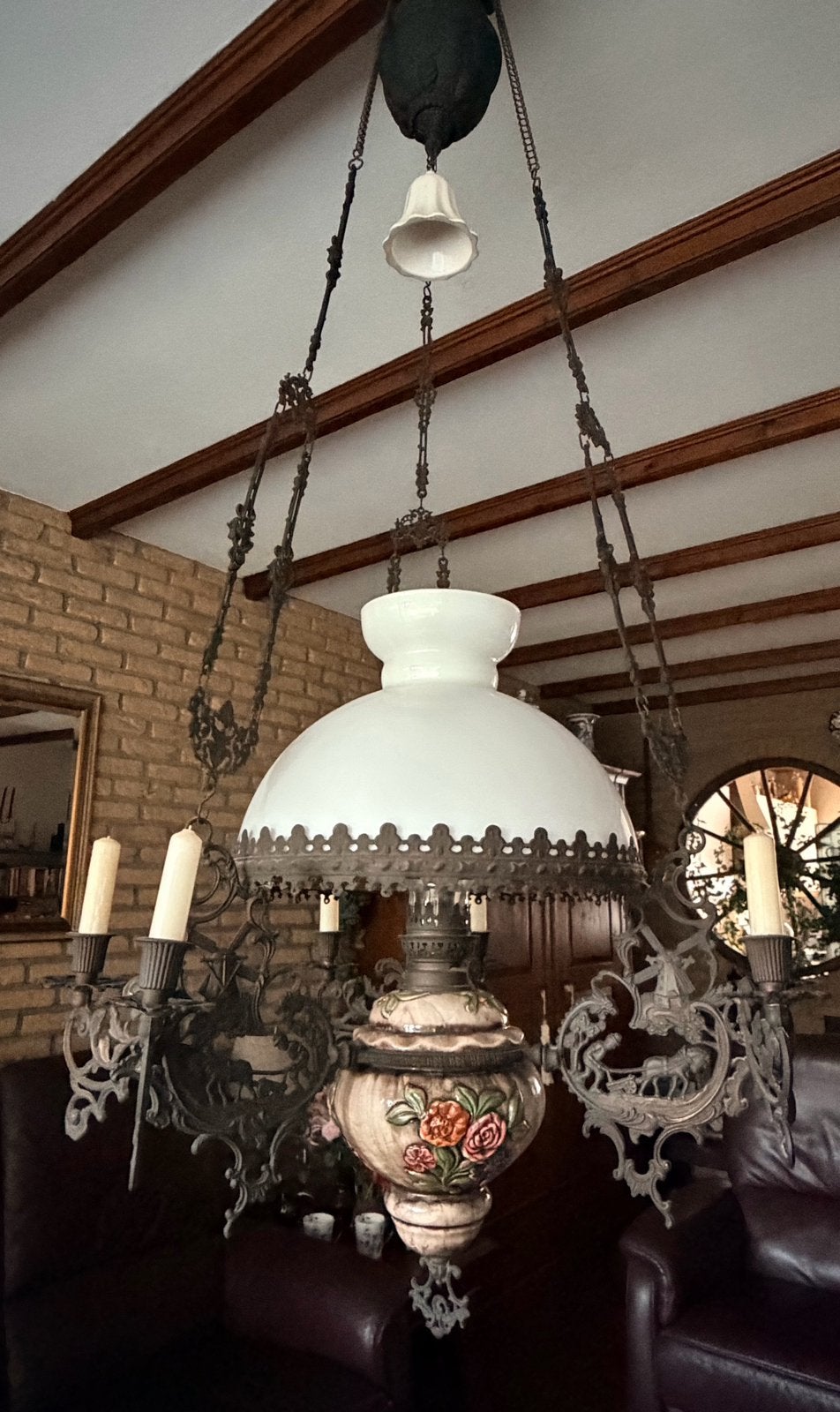 Antieke hangende olielamp, Antiek en Kunst, Antiek | Lampen, Ophalen