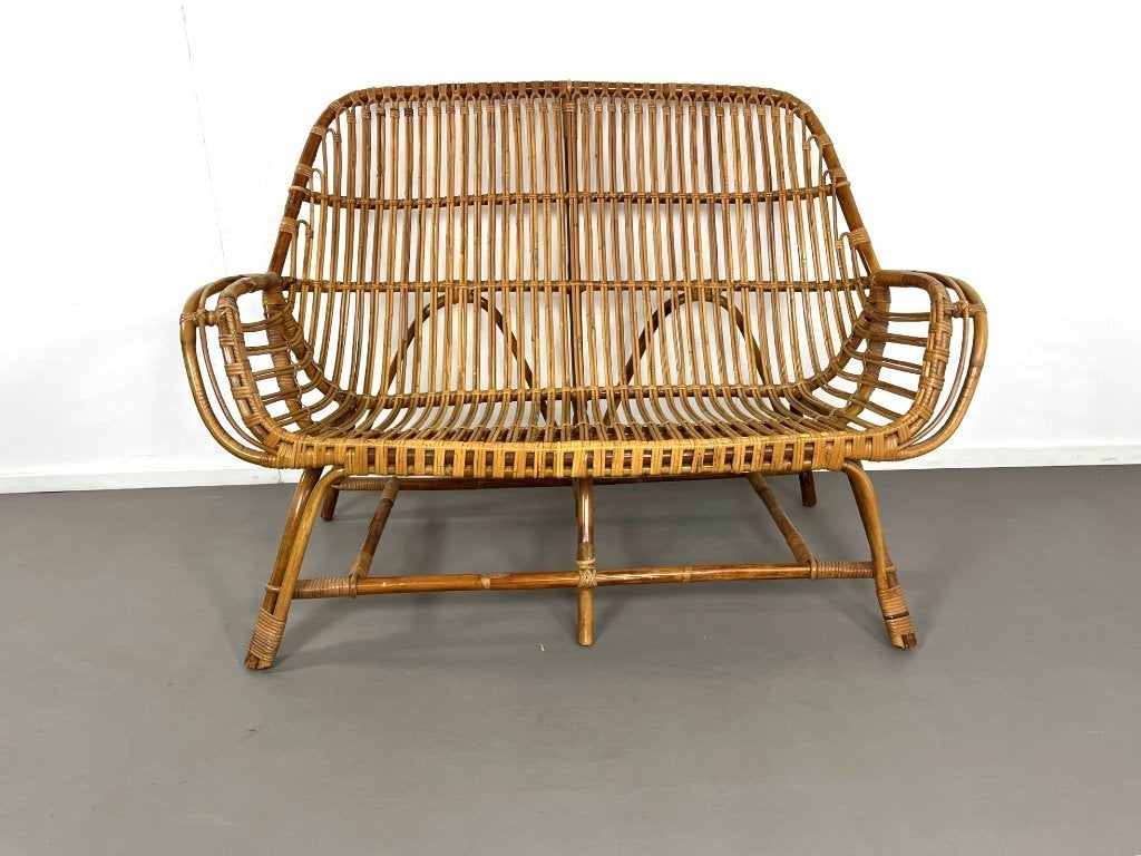 Mid-century rotan/bamboe bankje van Rohé Noordwolde jaren 60, Ophalen