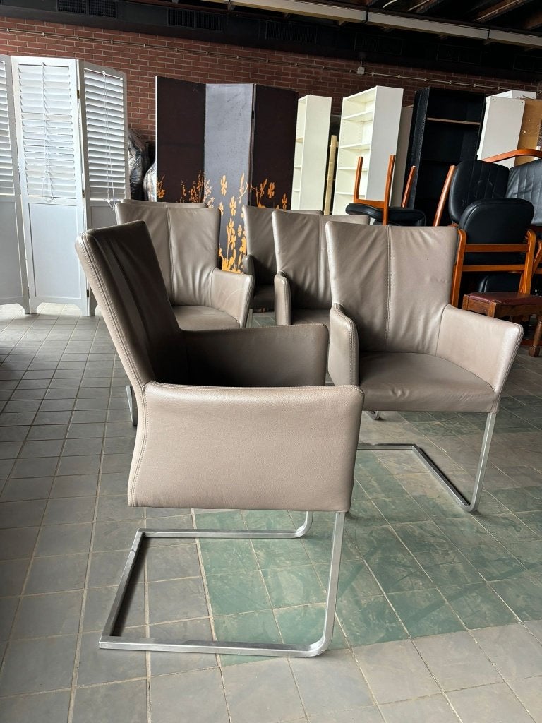 SET VAN 6 LUXE TAUPE LEDEREN EETKAMERSTOELEN, Ophalen, Gebruikt, Overige kleuren, Leer