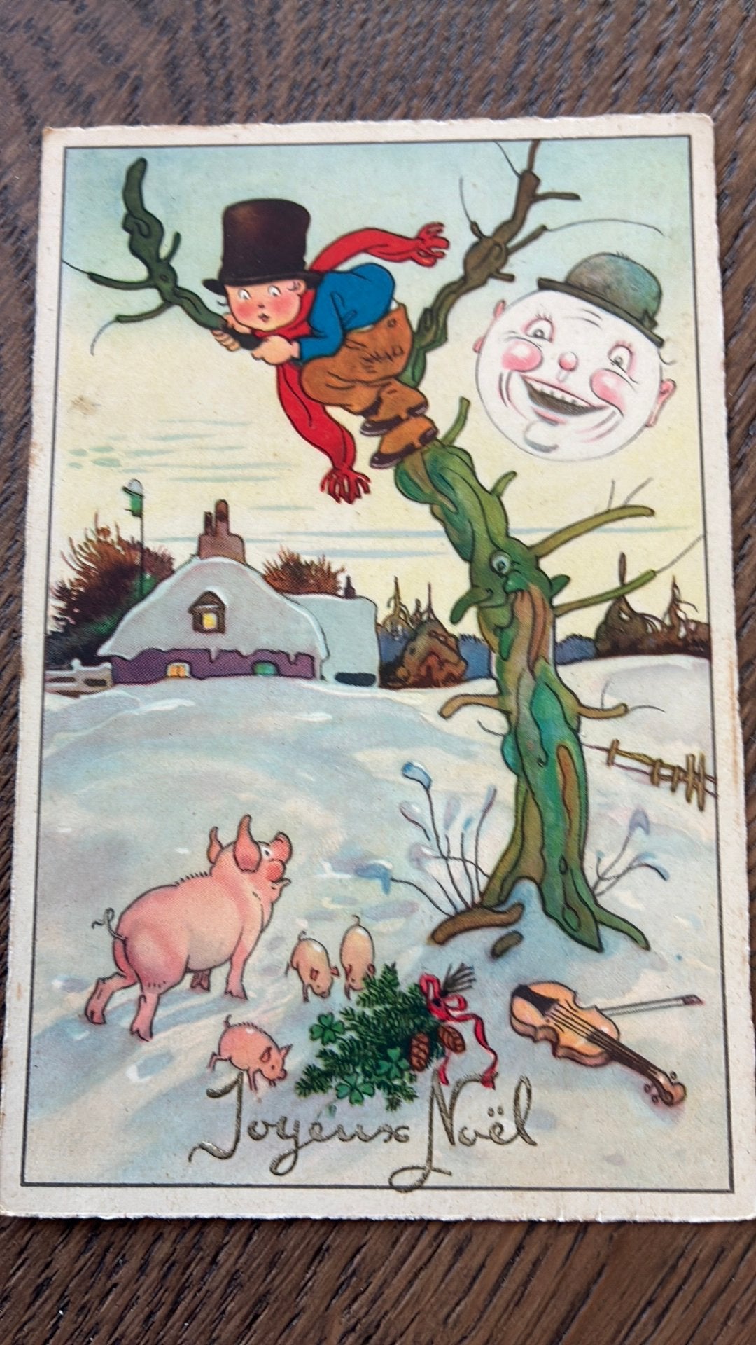 Fantasie.Jongen in boom,varkens,viool,zon met hoed,sneeuw, Ophalen of Verzenden, Kinderen