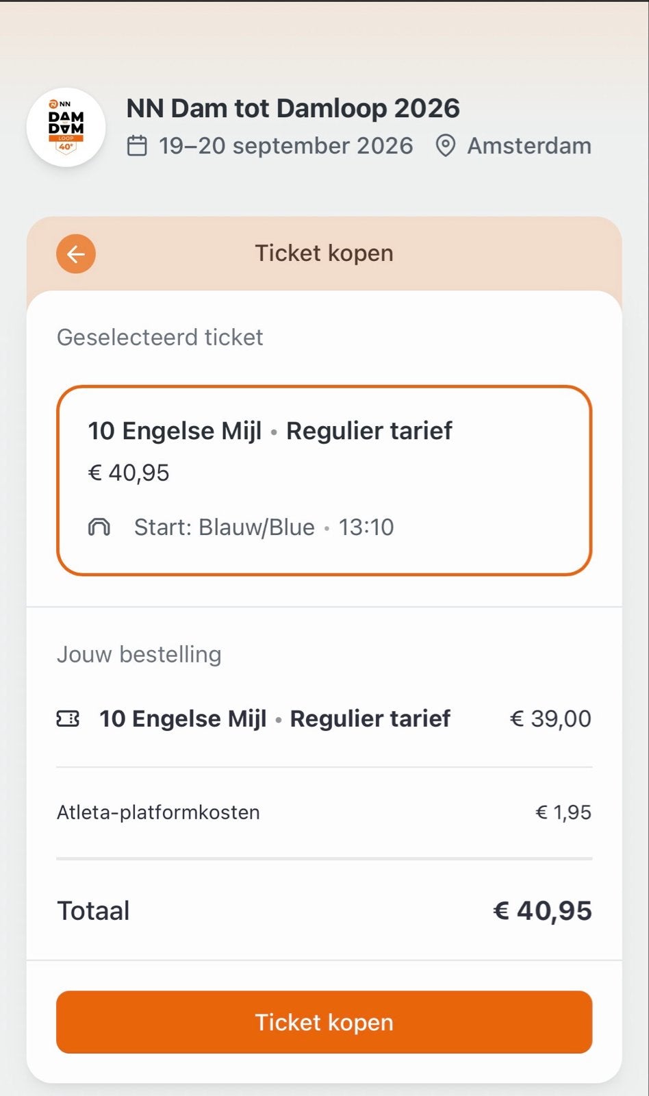 Dam tot Dam ticket 10 Engelse mijl 20/09 tijdvak blauw 13:10