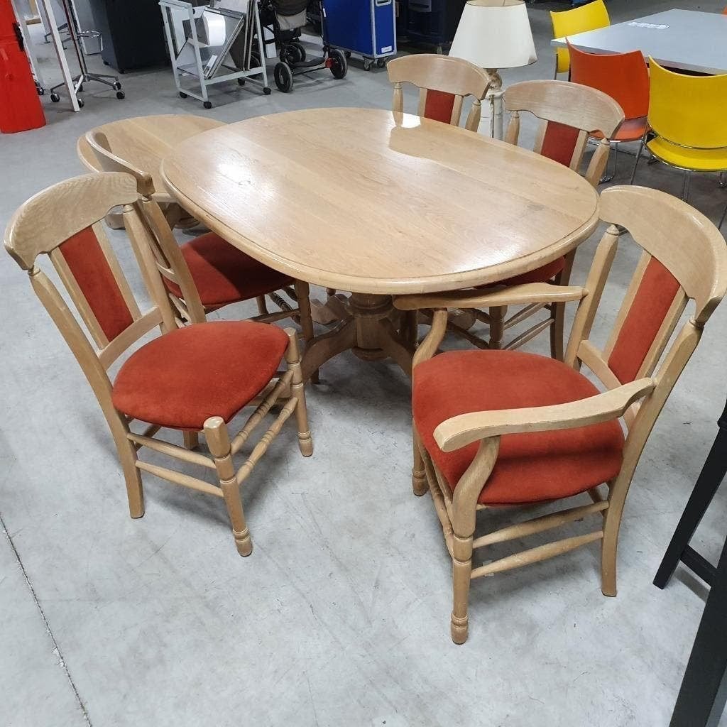 Massieve eiken eettafel met 5 stoelen, Ophalen, Gebruikt, 200 cm of meer, 50 tot 100 cm