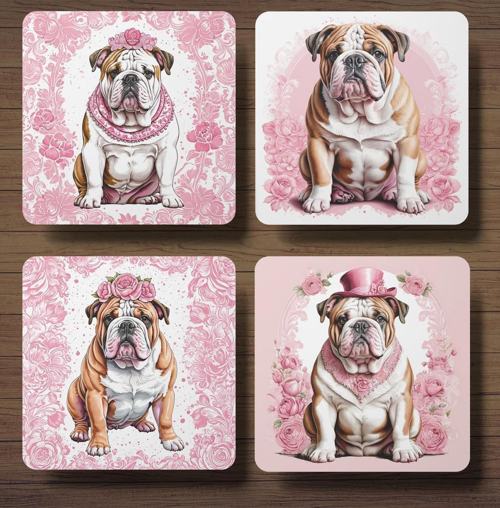Engelse Bulldog Delfts Roze onderzetters met houder, Ophalen of Verzenden, Nieuw, Glas of Kopje