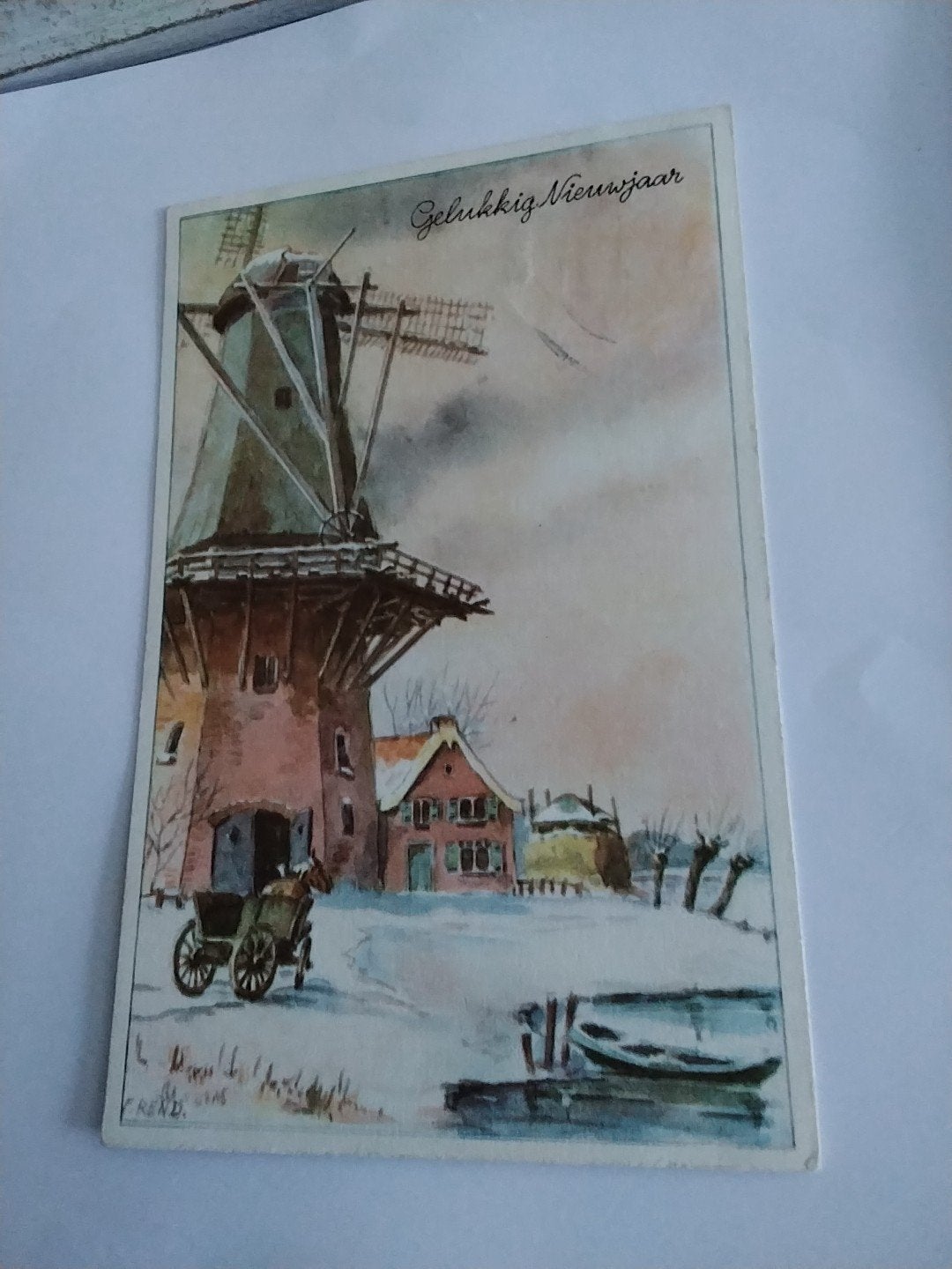 Oude ansichtkaart Gelukkig Nieuwjaar - Molen in de sneeuw, Ophalen of Verzenden