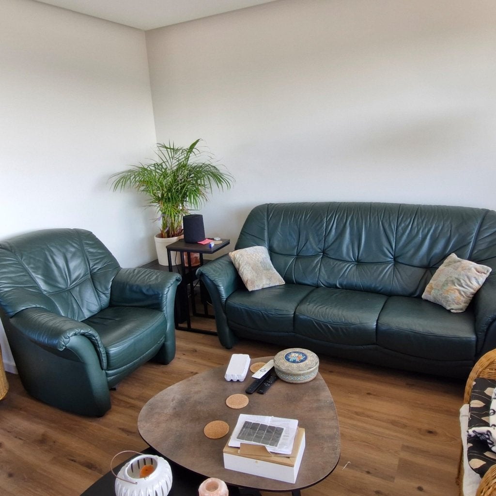 set van donkergroene bank en bijpassende fateuil, Ophalen, Gebruikt, Driepersoons, Leer