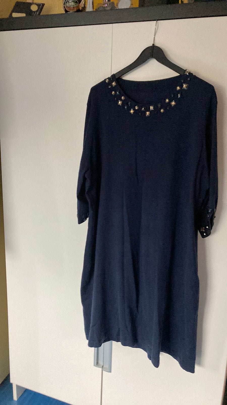 Gebreide tricotjurk 48 plaatje met details, Ophalen of Verzenden, Zo goed als nieuw, Blauw, Jurk