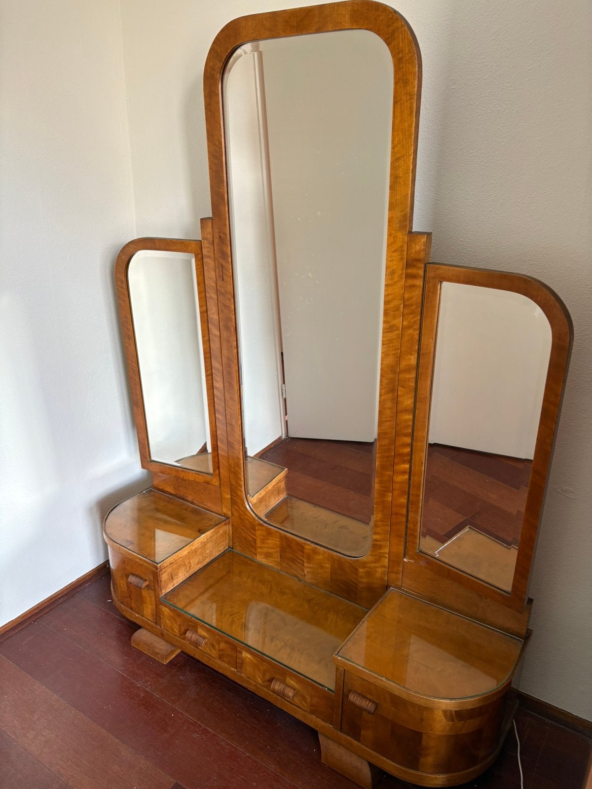 Vintage Art Deco kaptafel/toilettafel 3 spiegels131cm breed, Antiek en Kunst, Ophalen, Rechthoekig