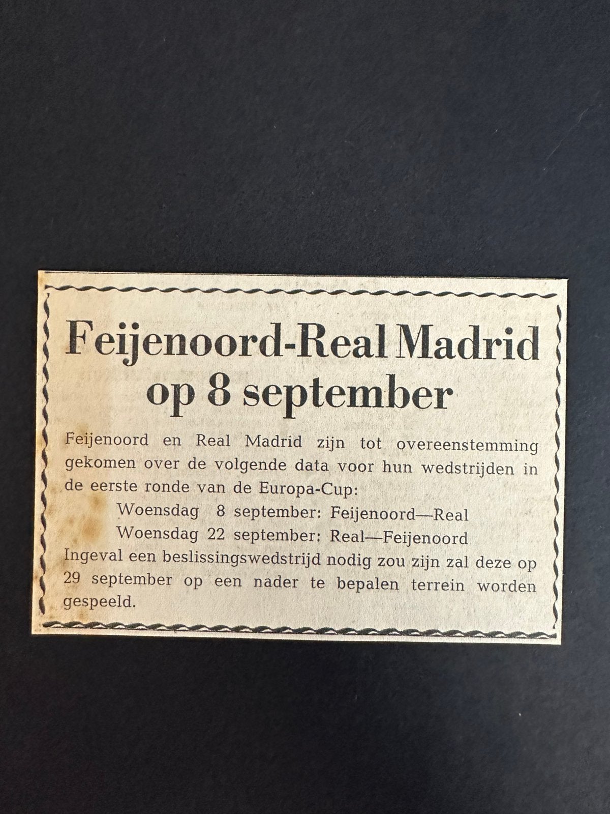 Voetbal reklame Feyenoord Real Madrid september 1965, Verzamelen, Ophalen of Verzenden, 1960 tot 1980, Tijdschrift