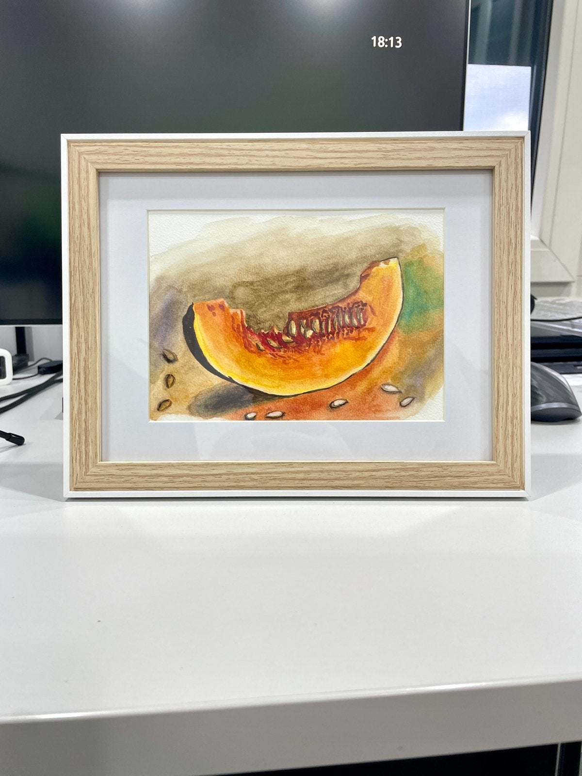 Aquarel schilderij van een Pompoen, Antiek en Kunst, Verzenden, Realistisch, Stilleven, Handgeschilderd