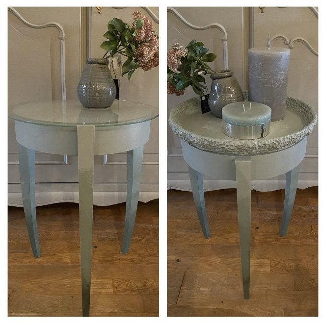 Bijzettafel met kaarsenplateau tafeltje hout glas steen VdlM, Minder dan 55 cm, Rond, Zo goed als nieuw, Stoer uniek klein tafeltje tafel grijs groen oud bijzettafeltje