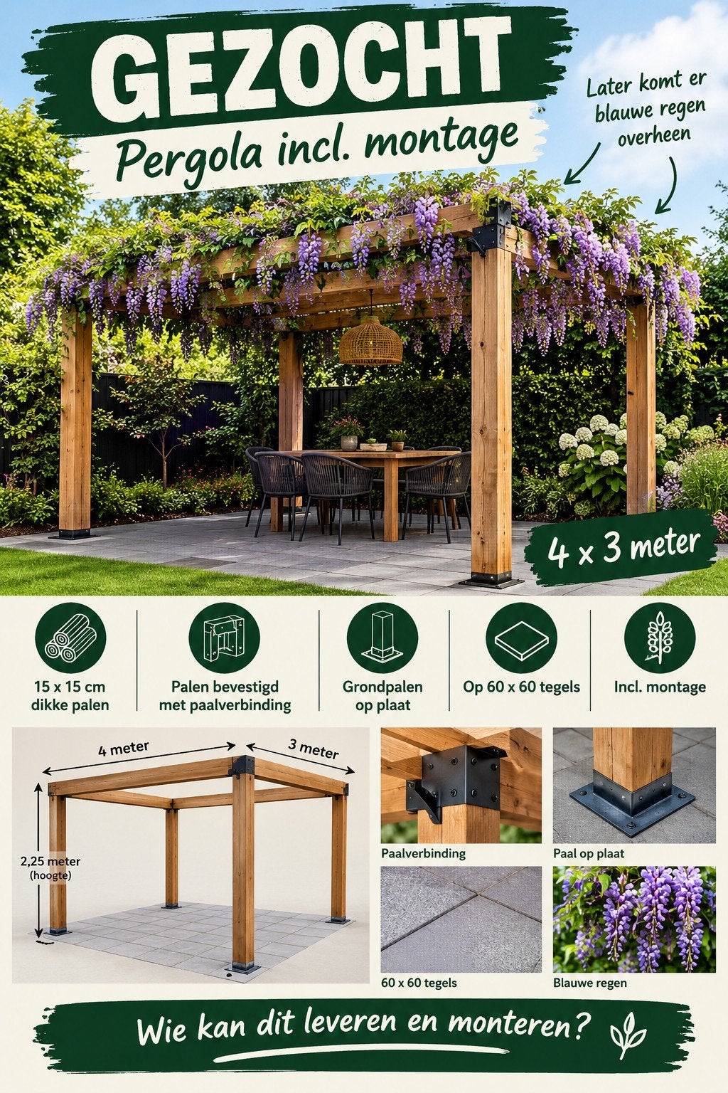 GEZOCHT: Pergola 4x3m incl. montage, Tuin en Terras, Ophalen, Nieuw, Tuinpaviljoen