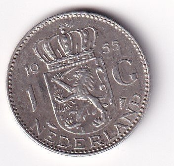 1 Gulden 1955 met Patina, 1 gulden, Koningin Juliana, Verzenden, Zilver
