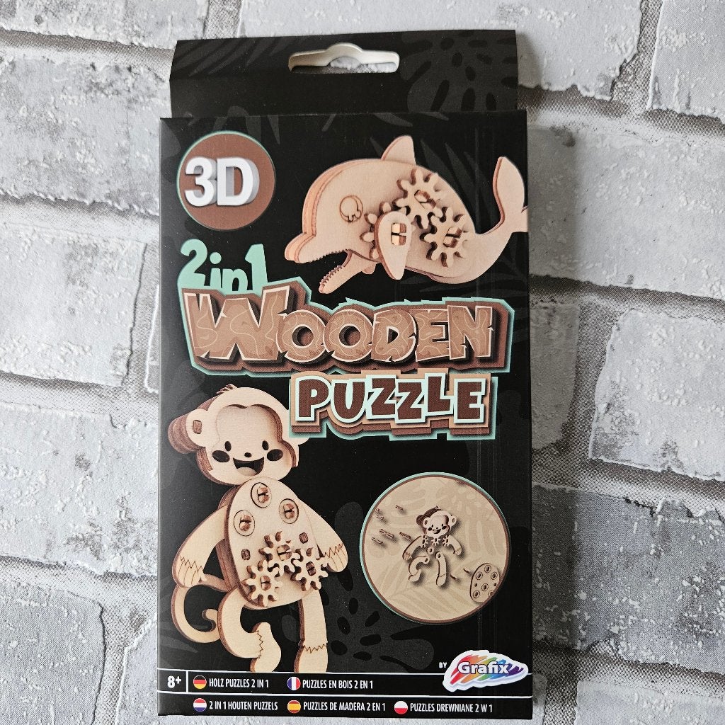 2 in 1 houten puzzel Dolfijn en aapje, cadeau