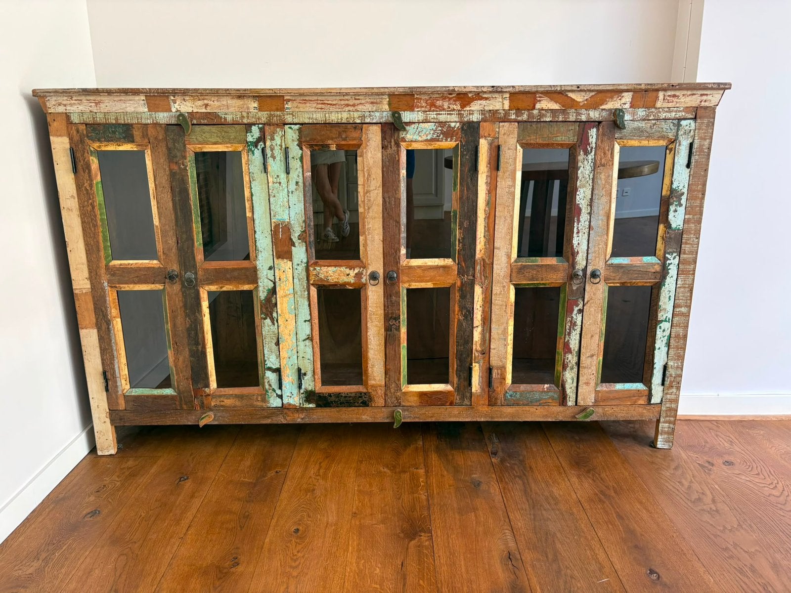 karaktervolle vitrinekast/dressoir hout, Ophalen, Vintage/ industrieel/ bohemian, 150 tot 200 cm, Eikenhout