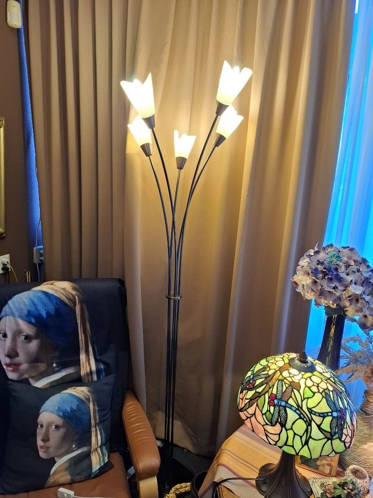 Zware vintage vloerlamp met 5 glazen kelken – ca. 190 cm, Ophalen, Gebruikt, Metaal, 150 tot 200 cm
