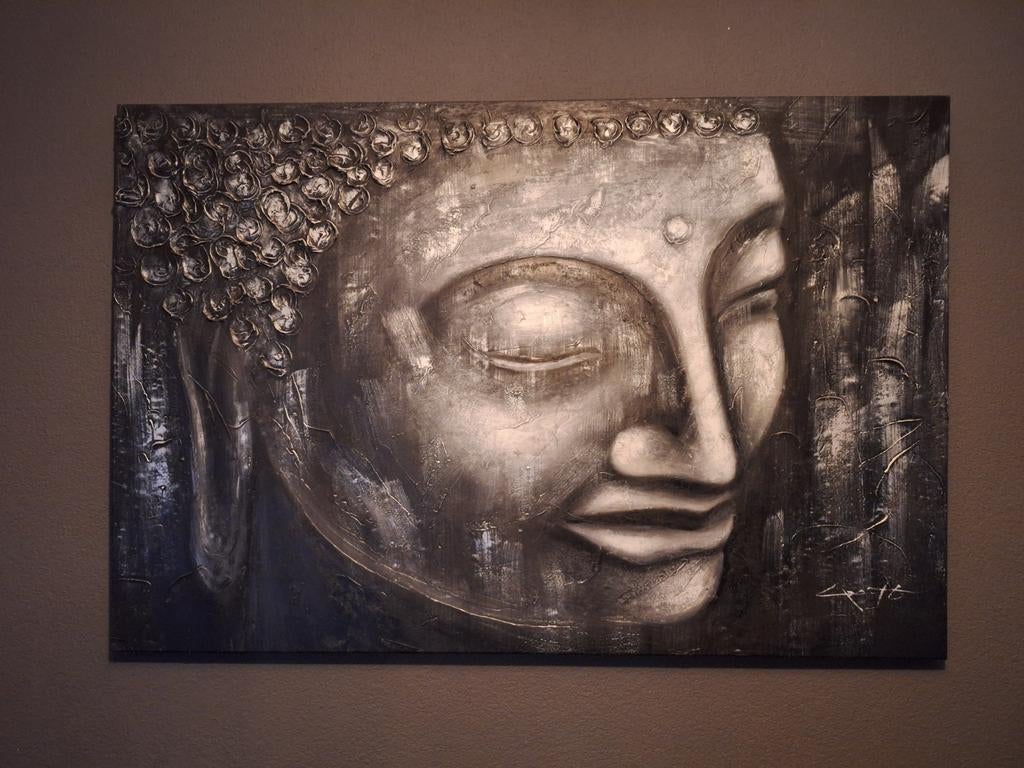 Groot Boeddha Schilderij 150x100 - Zilver/Zwart Structuur, Ophalen
