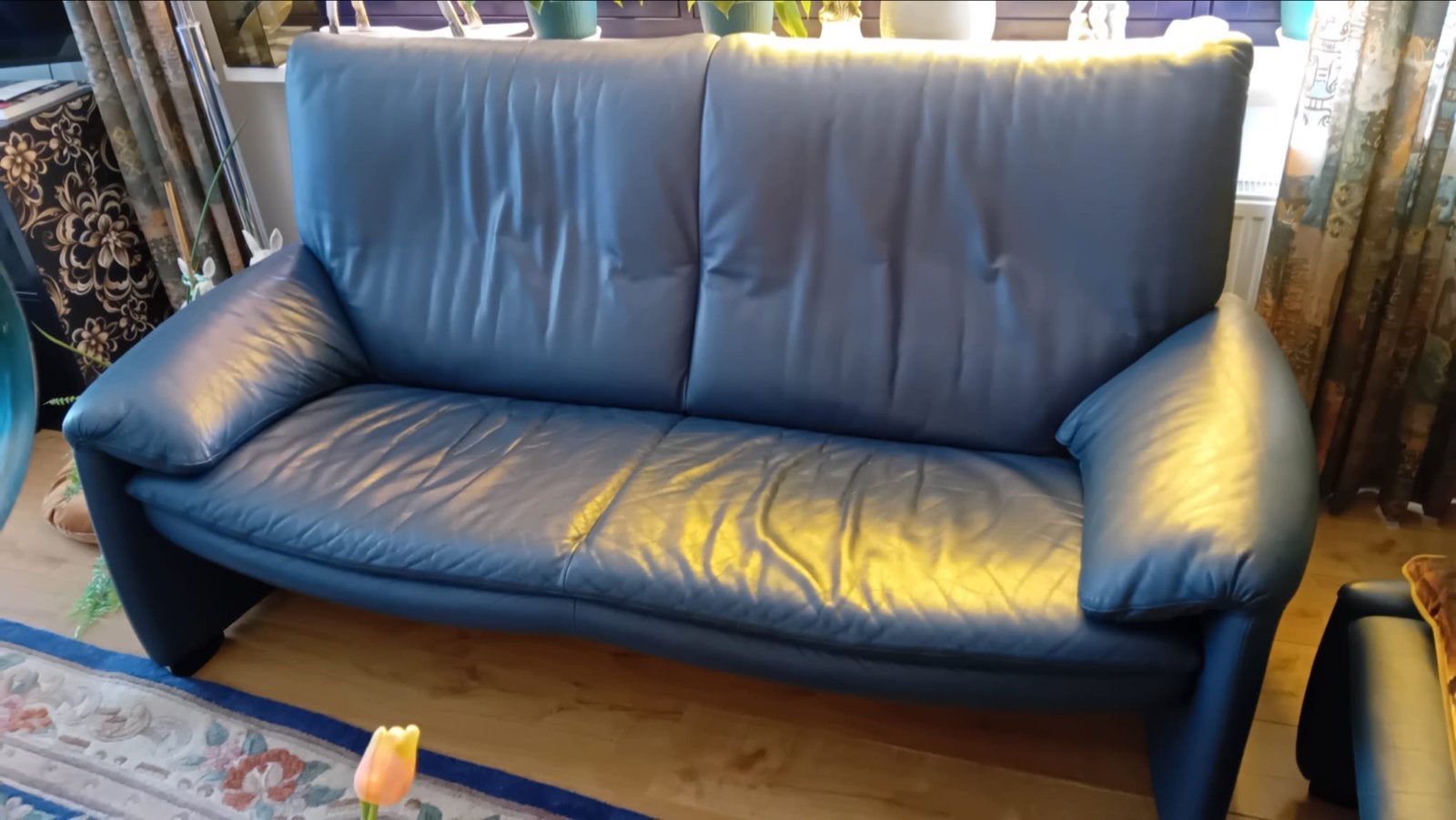 Leolux 2-zits bank en fauteuil met voetenbank - Leer, Huis en Inrichting, Banken | Bankstellen, Gebruikt, 150 tot 200 cm, Tweepersoons