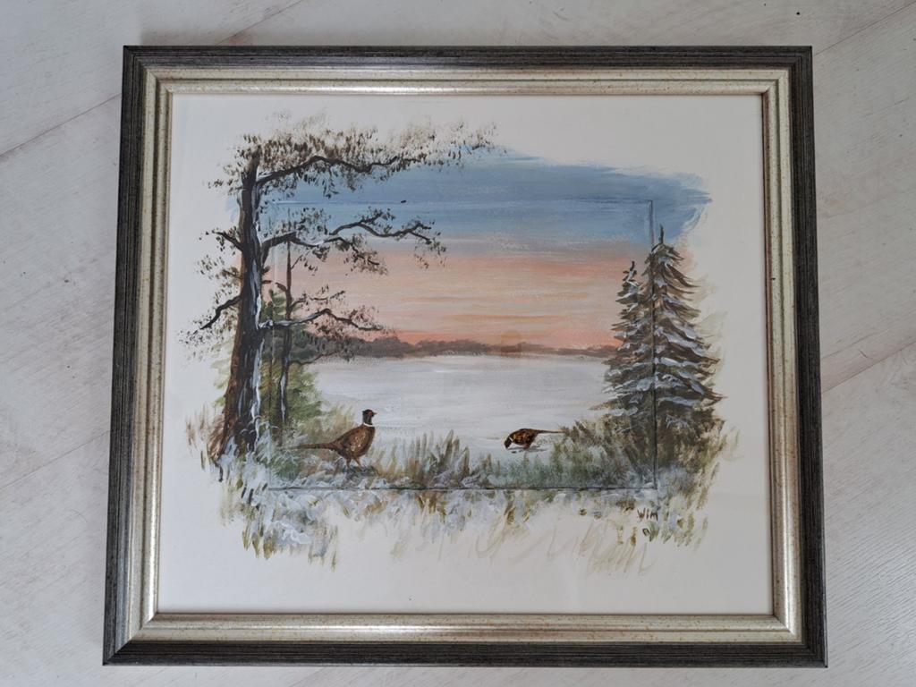Schilderij met fazanten en landschap, Ophalen of Verzenden