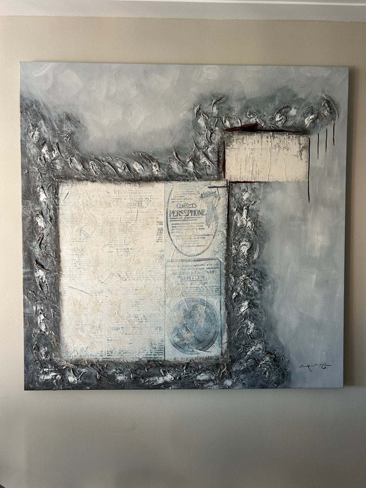 Abstract Schilderij met Textuur en Collage Elementen, Abstract, Ophalen of Verzenden, Gesigneerd, Gemengde techniek