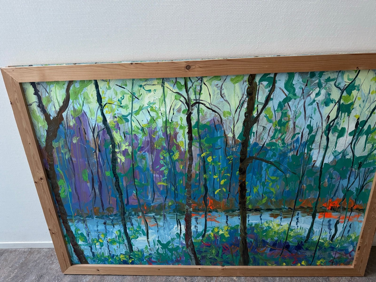 Prachtig Schilderij: Levendig Boslandschap aan het Water, Antiek en Kunst, Kunst | Schilderijen | Modern, Hout, Handgeschilderd
