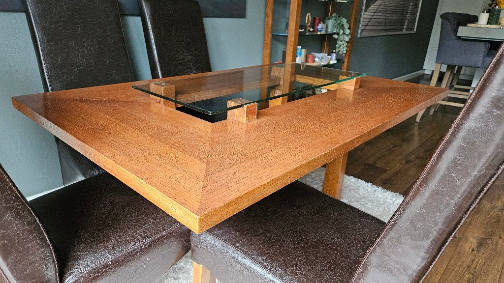 Unieke en originele eikenhouten tafel, Huis en Inrichting, Tafels | Eettafels, Ophalen, Glas, Gebruikt, 100 tot 150 cm