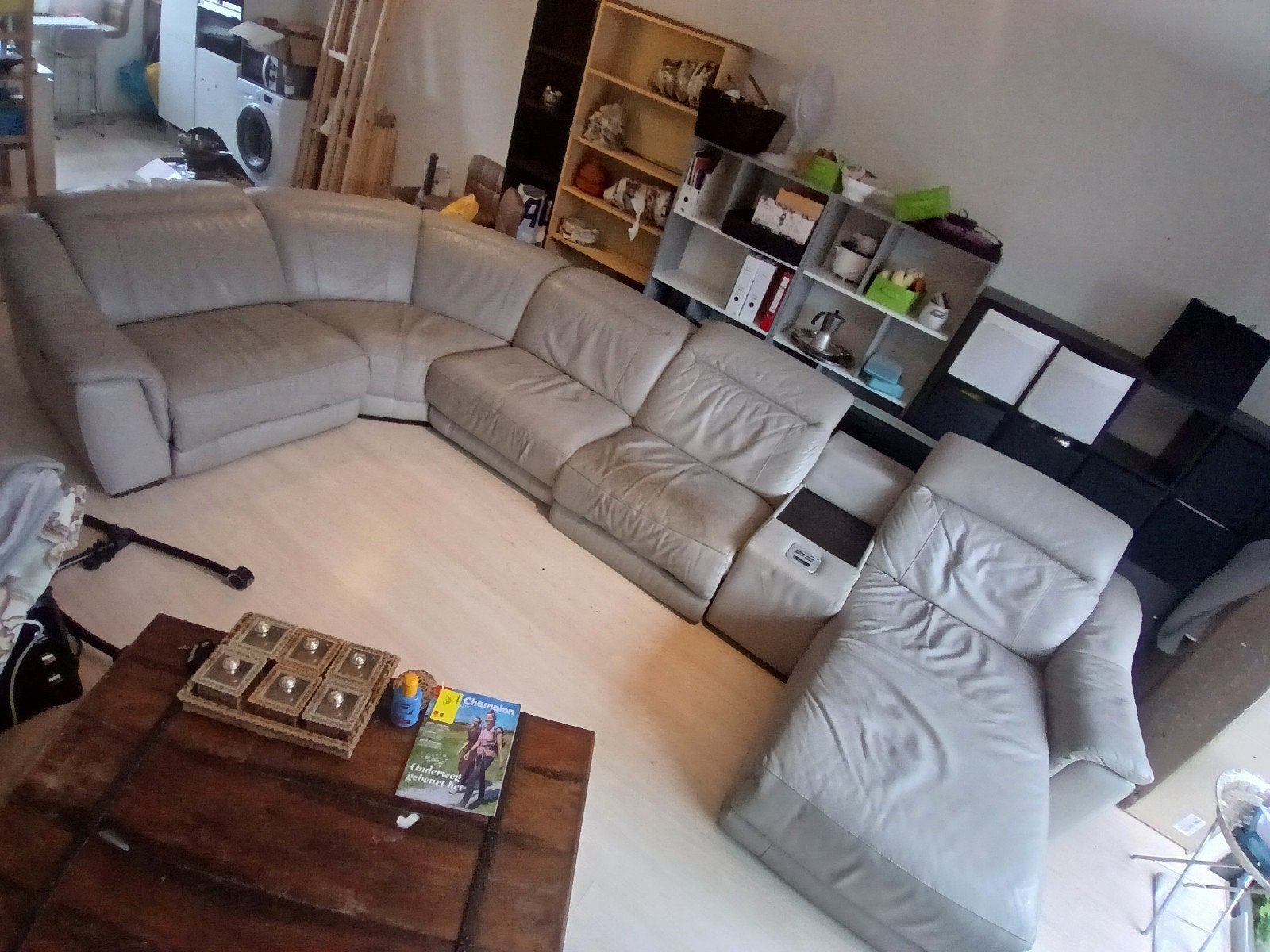 6-zits Leren Hoekbank met Relaxfunctie - Grijs, Gebruikt, 100 tot 125 cm, Hoekbank, 300 cm of meer