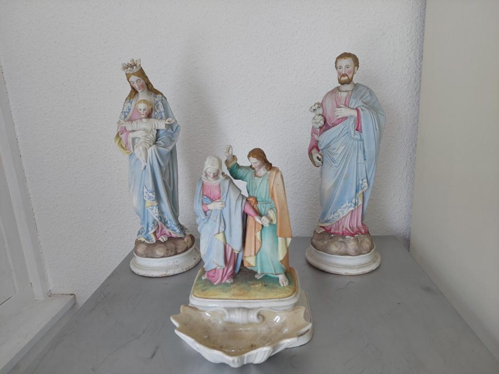 Set van 3 antieke religieuze beelden - Maria, Jozef en doop, Ophalen of Verzenden
