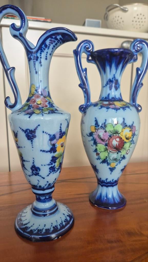Vintage Portugese waterkannen set, blauw met bloemen, Ophalen