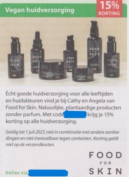 Vegan huidverzorging - Food for Skin 15% kortingscode, Eén persoon, Kortingsbon, Warenhuis- of Winkelbon