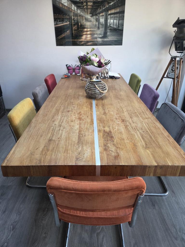 Handgemaakte Massief Teak Houten Eettafel (260x110x80cm), Ophalen, 100 tot 150 cm, 200 cm of meer, Zo goed als nieuw