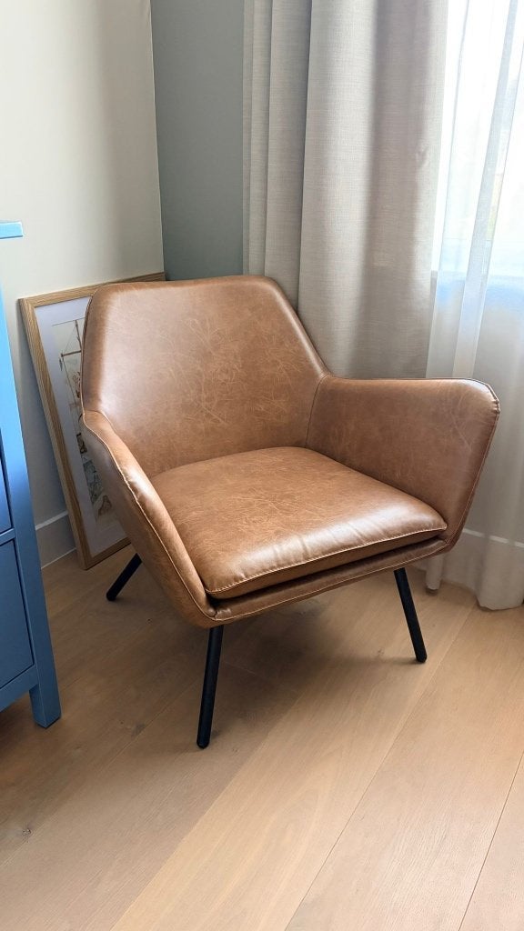 Fauteuil - cognac leer, Ophalen, Zo goed als nieuw, 50 tot 75 cm, Leer