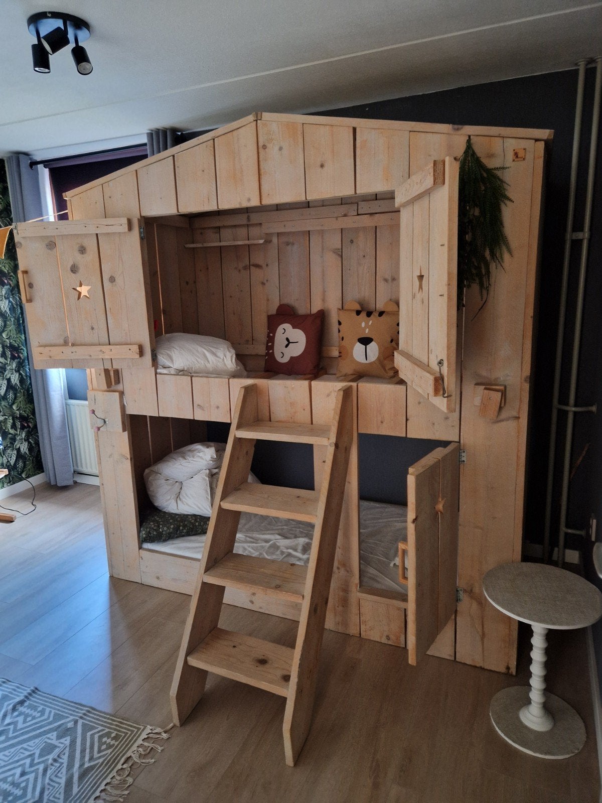 Houten stapelbed/huisbed, Ophalen, 90 cm, Eenpersoons, Zo goed als nieuw