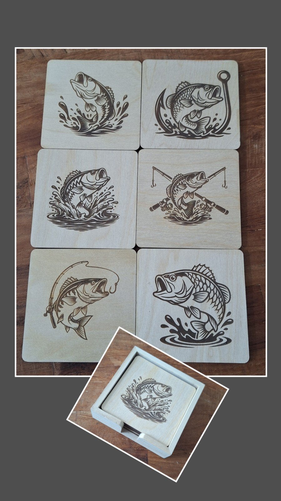 Onderzetters set van 6 met vissen design in houder, Hout, Glasonderzetter, Nieuw, Met houder