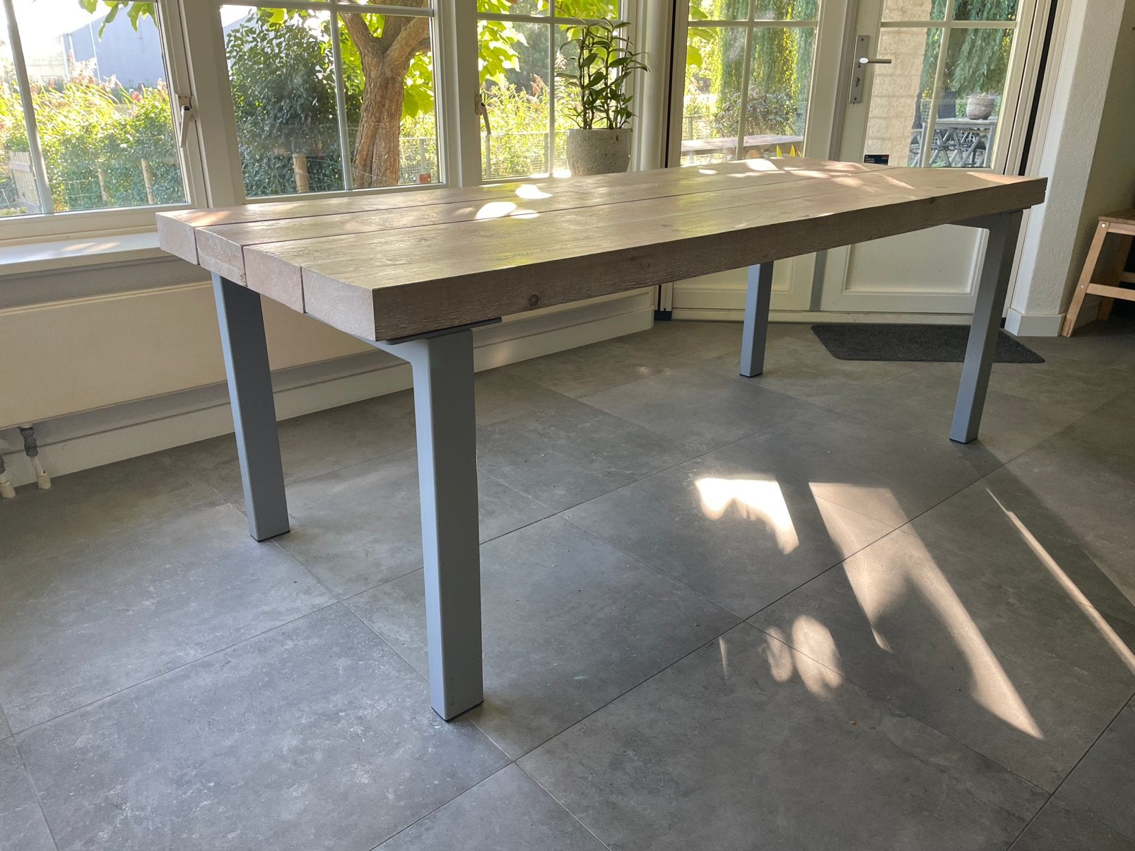 Unieke houten tafel, Huis en Inrichting, 200 cm of meer, Zo goed als nieuw, Rechthoekig, 50 tot 100 cm
