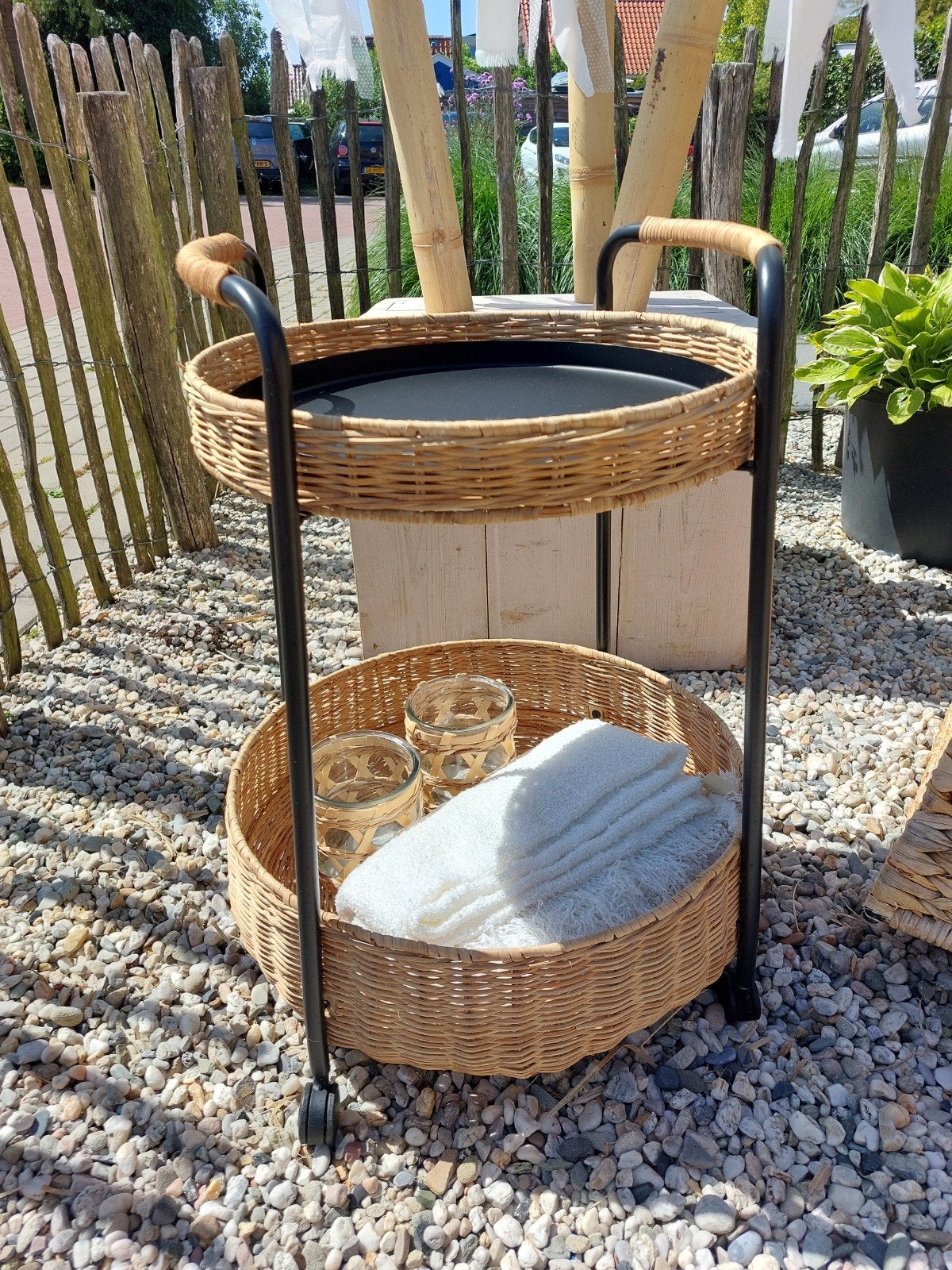 Theekar trolley bijzettafel riet rieten rolkar, Ophalen
