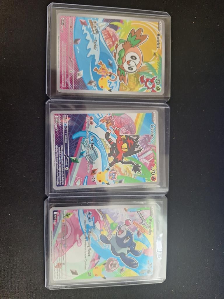 Pokémon Kaarten: Rowlet, Litten, Popplio van first partner i, Ophalen of Verzenden, Zo goed als nieuw, Meerdere kaarten