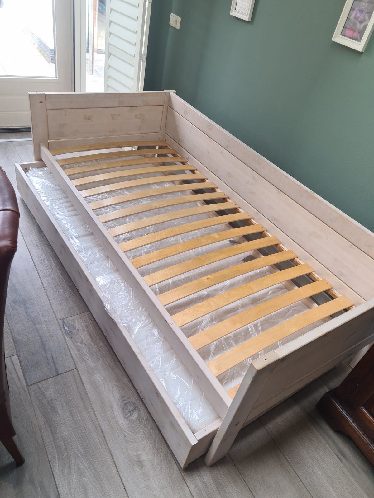 Lifetime bed whitewash met lattenbodem, Ophalen, 85 tot 100 cm, Gebruikt, Lattenbodem
